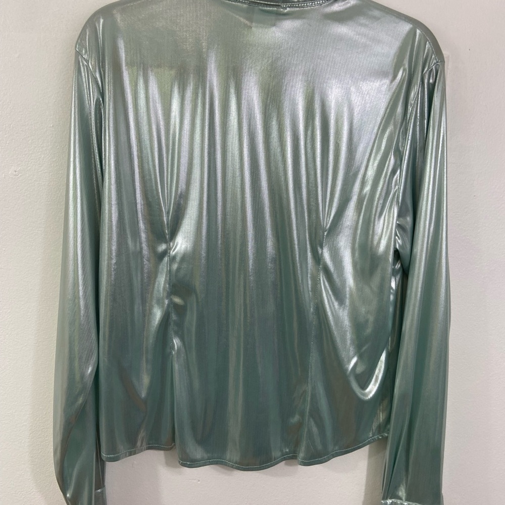 Vintage Banjo Western Shirt Metallic Satin Psychedelic Green Cowgirl Sz XL - Picture 2 of 8